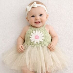 Elly & Emmy Baby Girl Crochet Daisy Tulle Dress Gown Green 0-6 Months